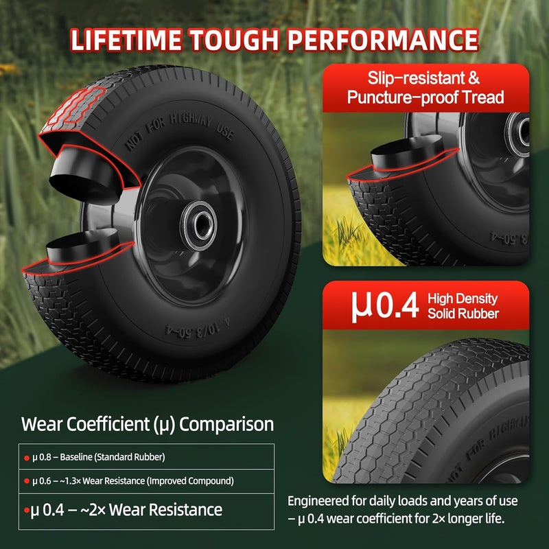 uscaster 4.10/3.50-4 Tire and Wheel Flat Free,10-Inch Solid Wheel Replacement with 5/8 Extra 3/4 &1/2 Bearings,2.2" Offset Hub -Compatible with Hand Truck,Wheelbarrow,Dolly(Wave,Black) - Image 3